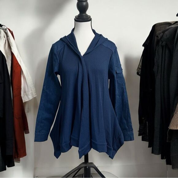 NWT DG2 Diane Gilman Indigo Blue Twill Knit Denim Combo Draped Jacket Size Med - Picture 1 of 11
